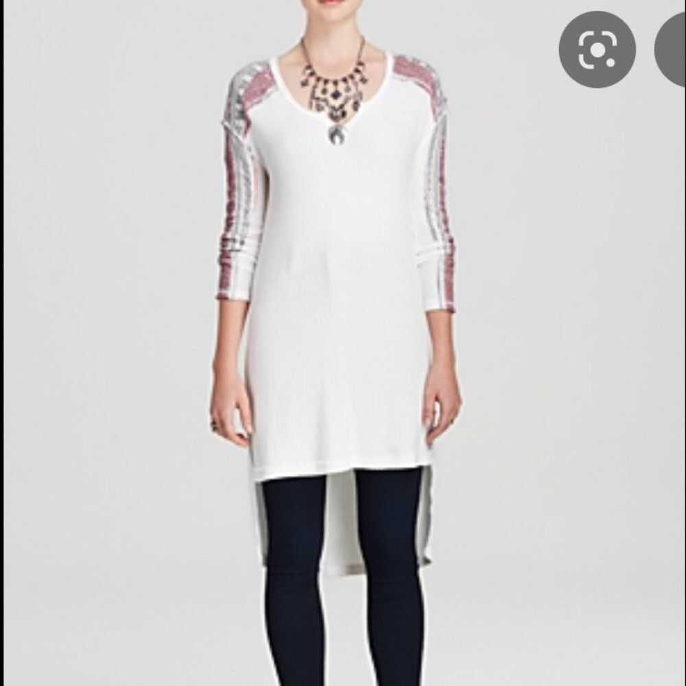 FREE PEOPLE Raw Edge Striped Thermal Long Sleeve Hi Low Tunic Top Shirt Sweater - Picture 2 of 9